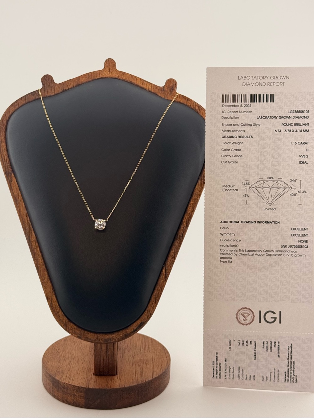 1.16 CT D VVS2 Ideal Round Lab Diamond Solitaire Necklace 14K Gold 21" Chain IGI